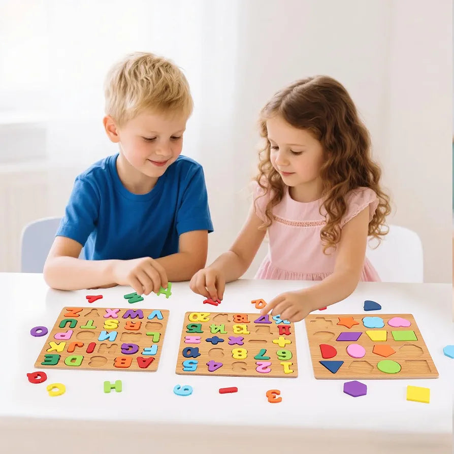 Wooden Puzzle 3-Set – Shapes, Alphabet & Numbers