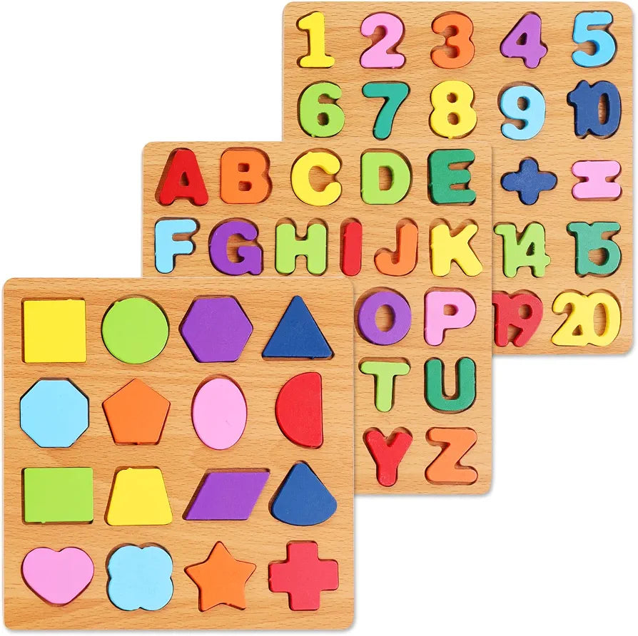Wooden Puzzle 3-Set – Shapes, Alphabet & Numbers