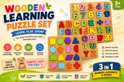 Wooden Puzzle 3-Set – Shapes, Alphabet & Numbers